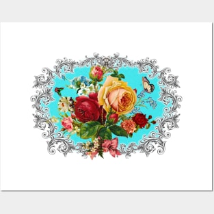 Luxury Roses & Scrolls Center piece in Turquoise Background. Posters and Art